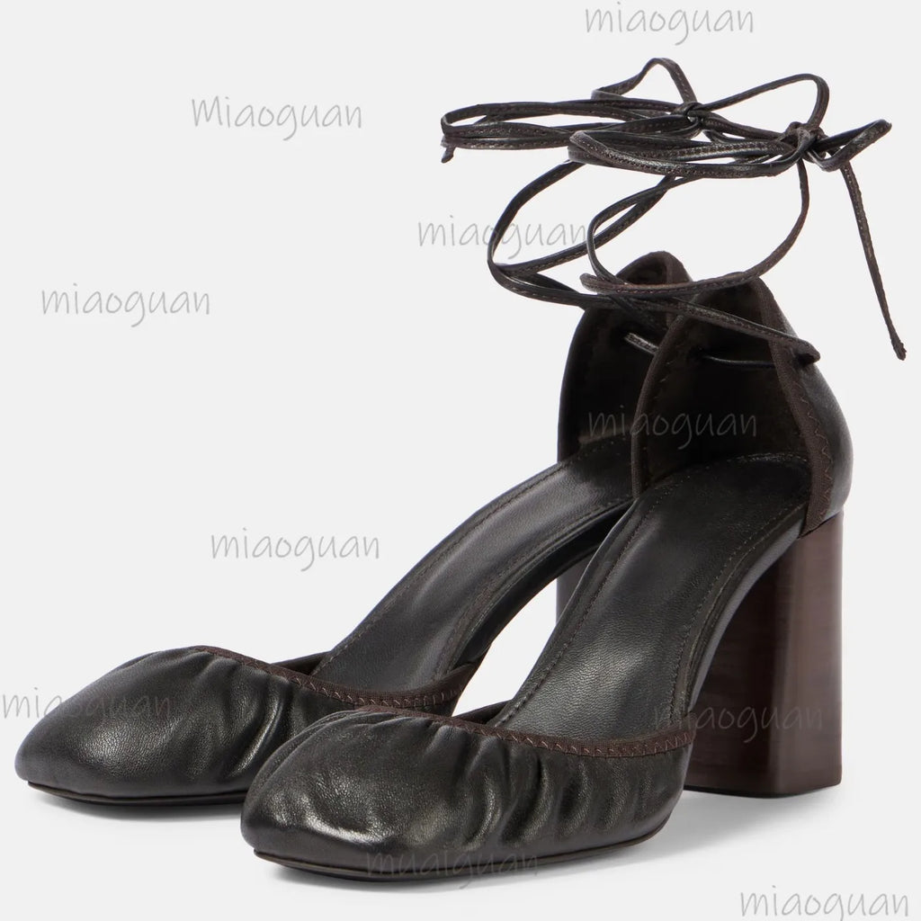 Women's Cross Strap Ballet High Heels – Lace-Up Pleated Pumps