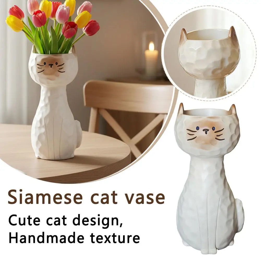 Siamese Cat Resin Flower Vase | Cute Desktop Plant Pot Decor