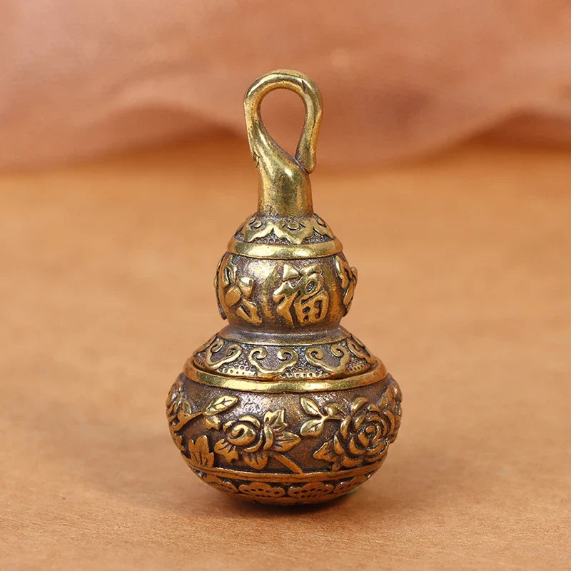 Brass Flower Gourd Lucky Keychain Charm & Pill Box | Copper