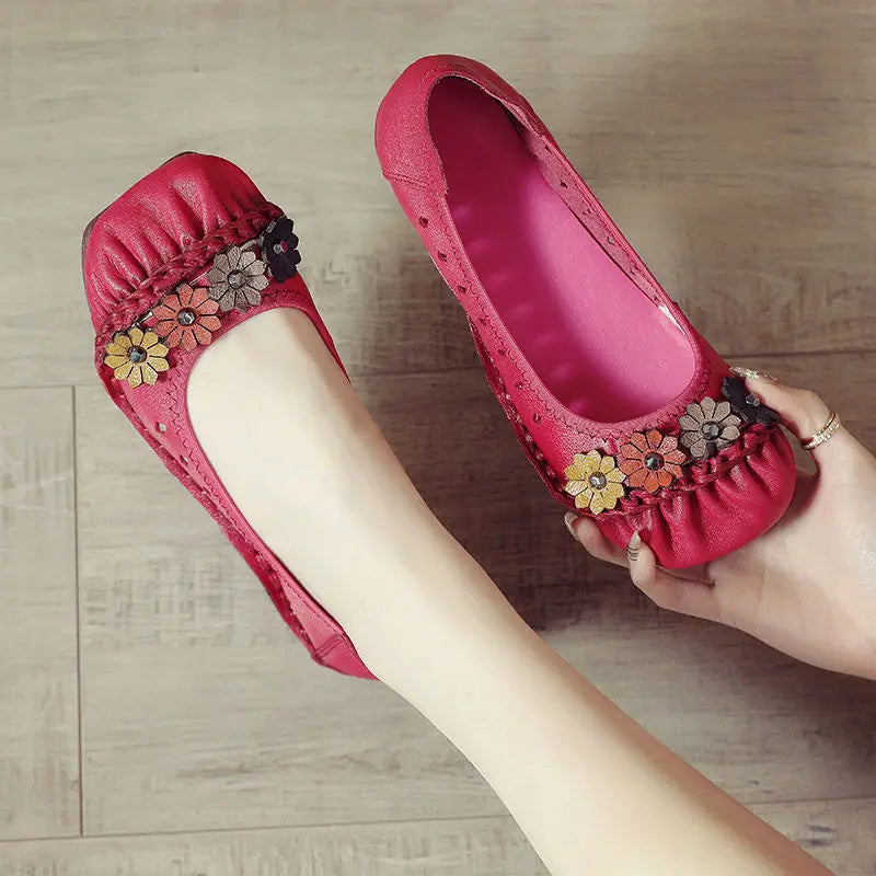 Women's Genuine Leather Floral Loafers | Wide Fit Flat Moccasins