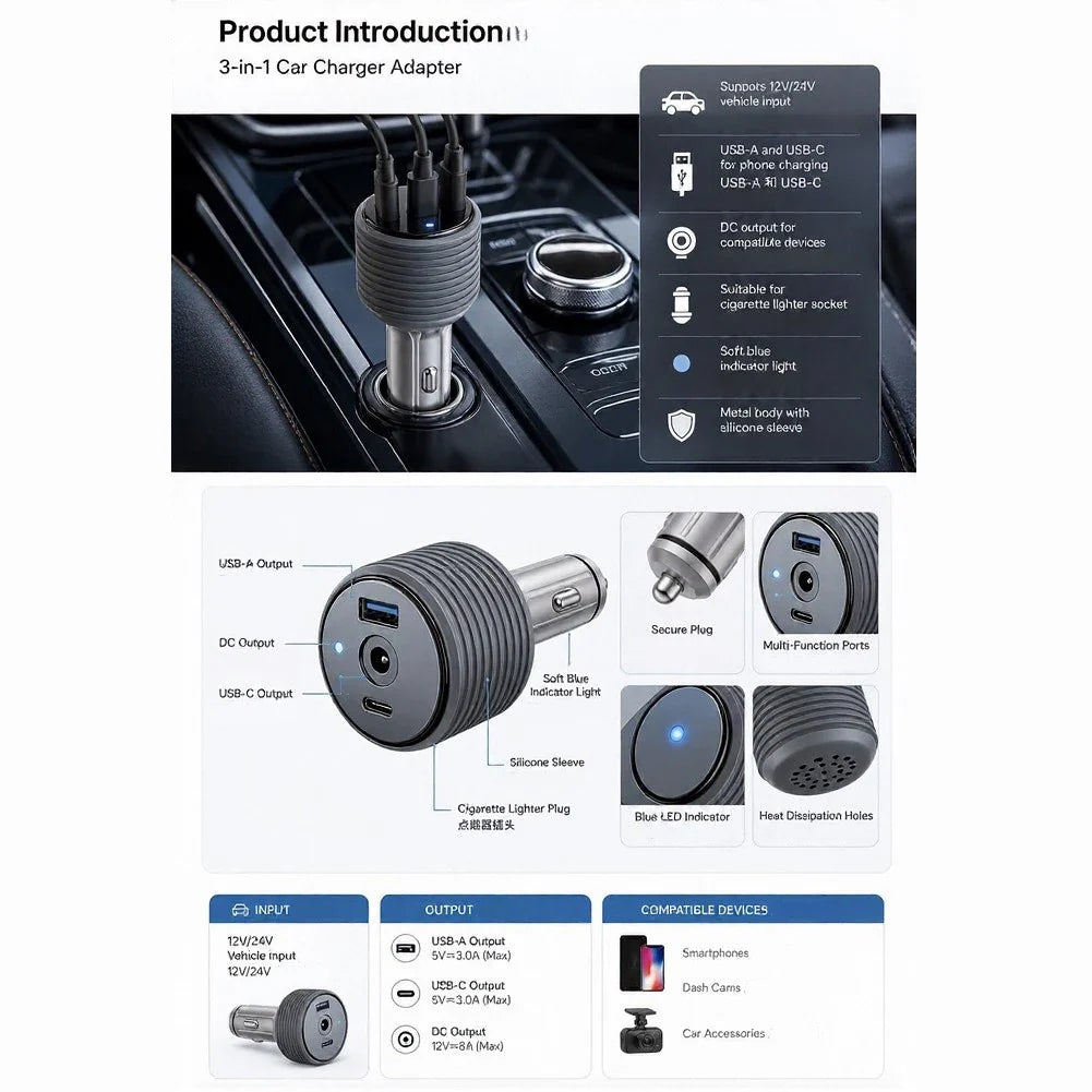 3-in-1 Car Outlet Adapter 105W USB-C PD, USB-A & DC