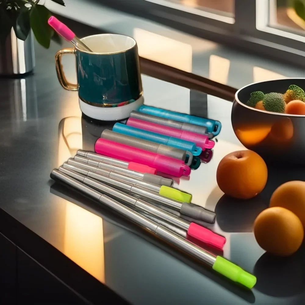 Collapsible Stainless Steel Travel Straws with Case & Brush