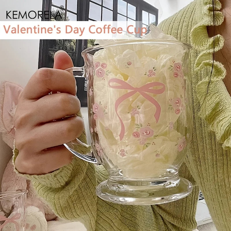 KEMORELA 450ml Floral Rose Glass Cup | U-Shaped Coffee Glass