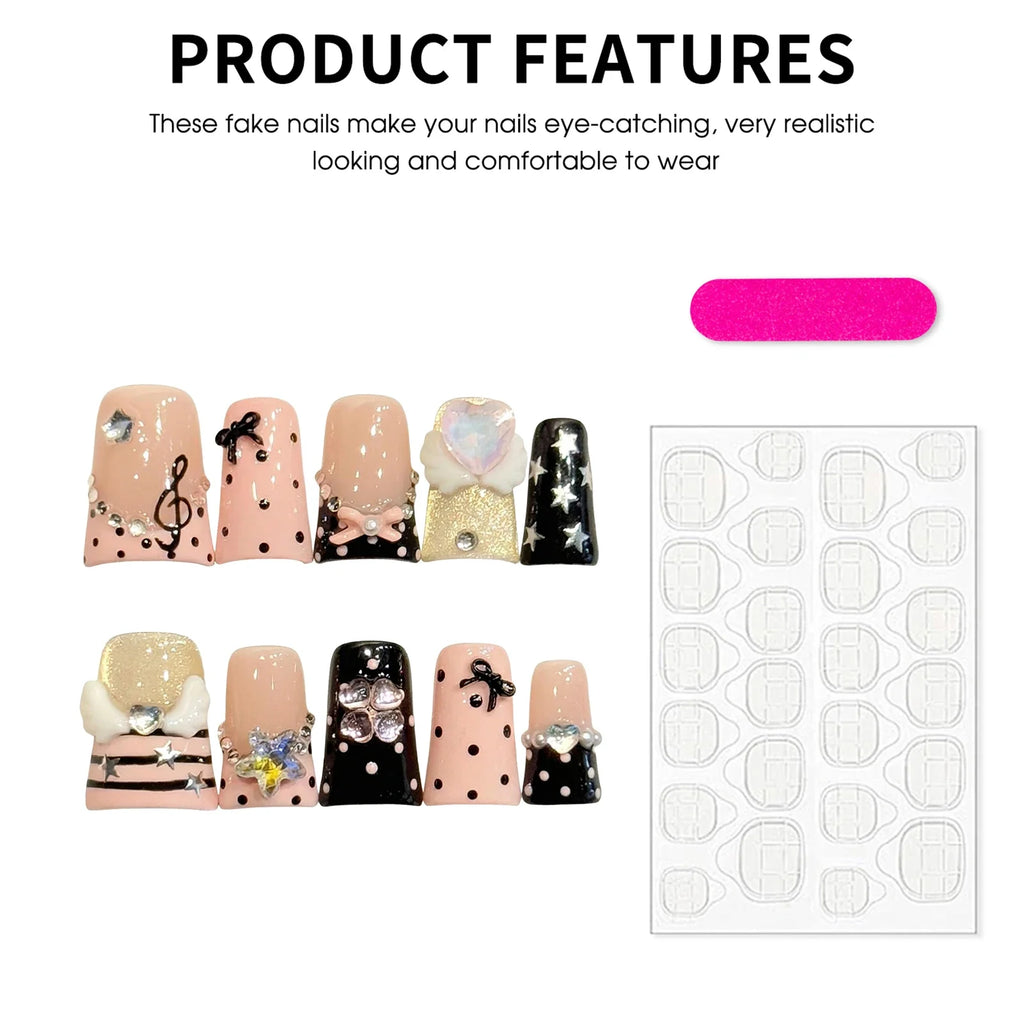 Y2K Duckbill Press On Nails – Polka Dot & Music Notes Design