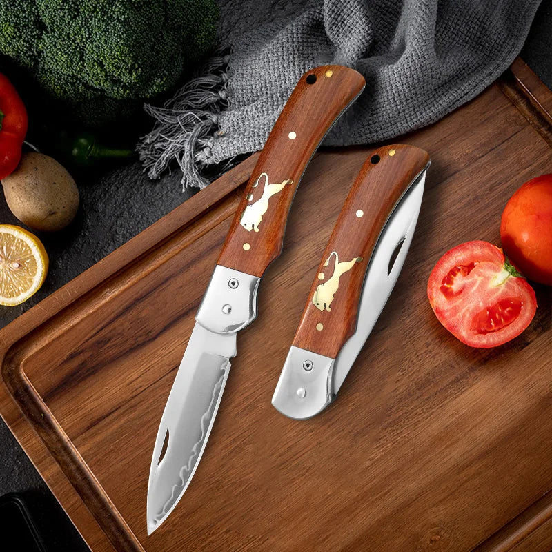 Damascus VG10 Folding Kitchen Knife – Wooden Handle | InLeung