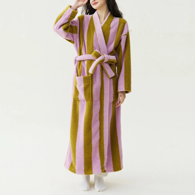 Women's Striped Velvet Bathrobe – Thick Flannel Lace-Up Robe