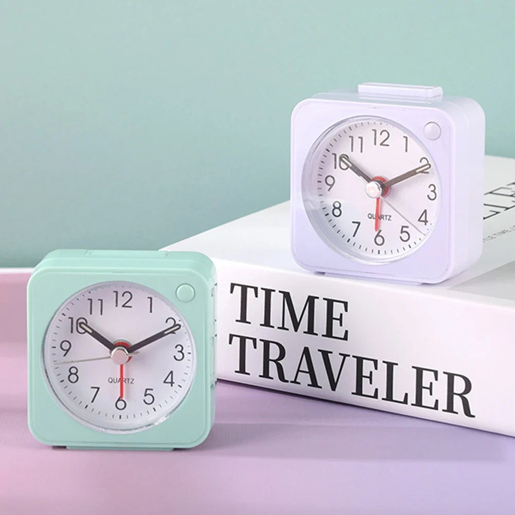 Mini Square Travel Alarm Clock – Silent Analog with Night Light