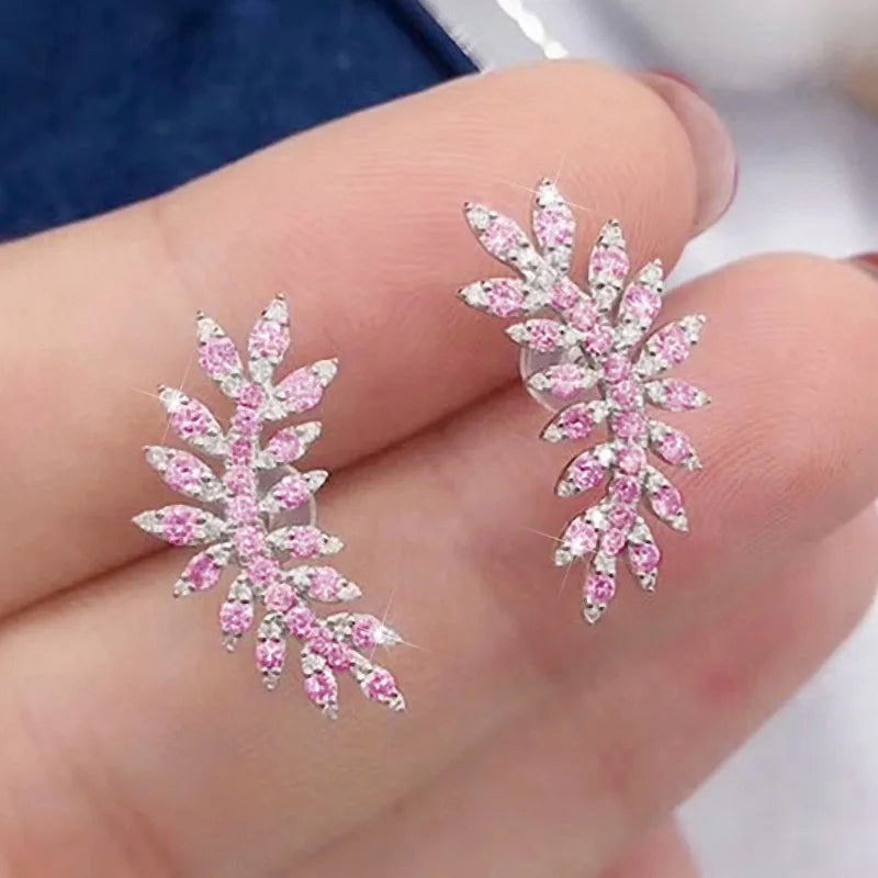 Huitan Silver Leaf CZ Stud Earrings – Women's Fashion Jewelry