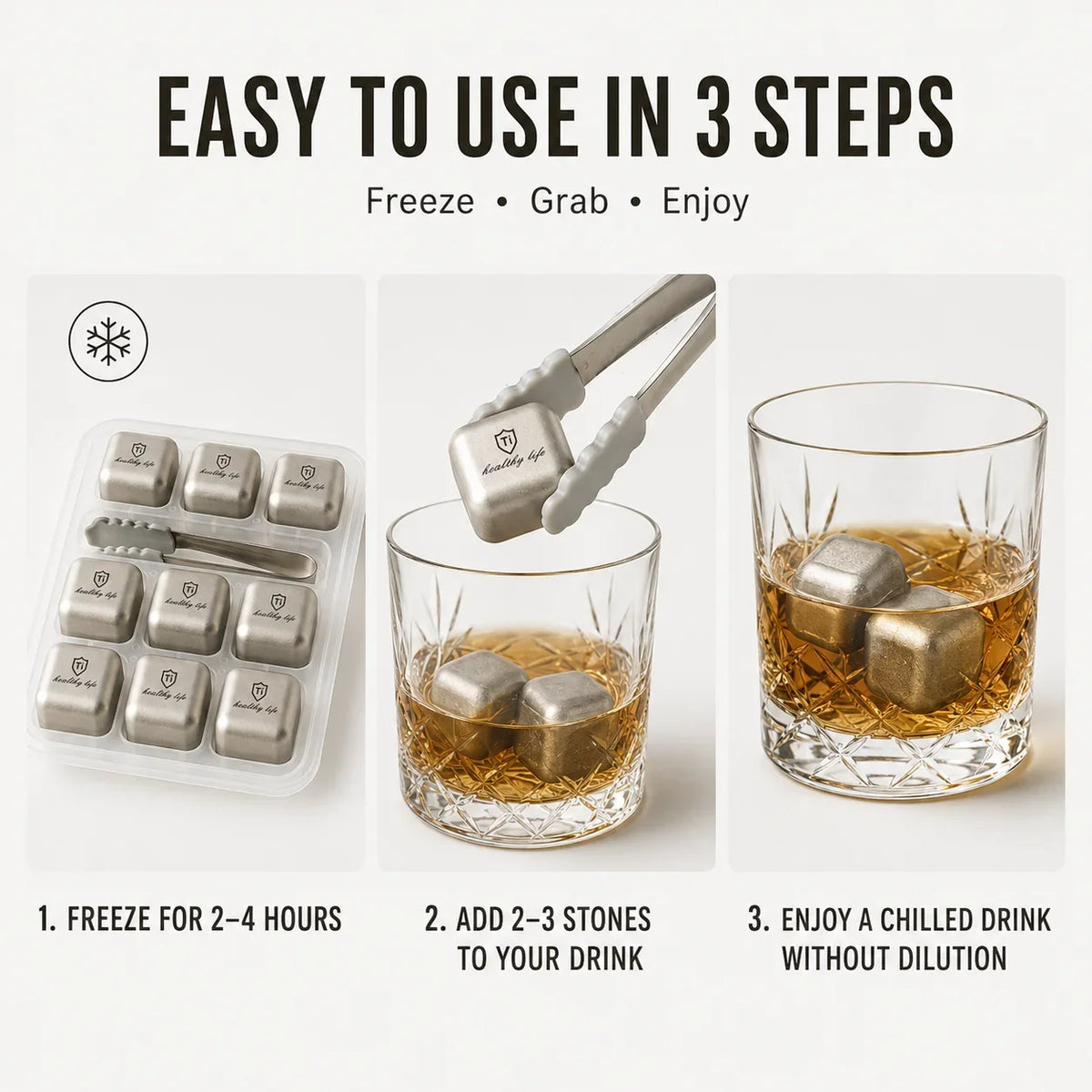 Titanium Stainless Steel Reusable Ice Cubes Set with Tongs