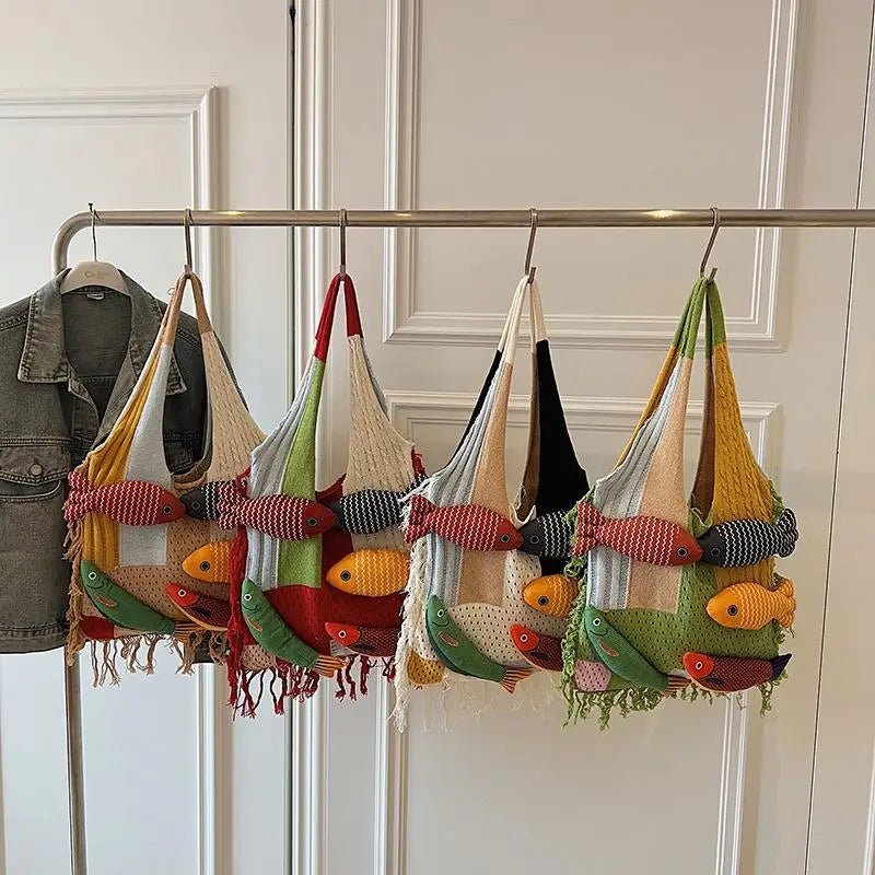 Tassel Knit Fish Tote Bag – Cute Casual Shoulder Handbag