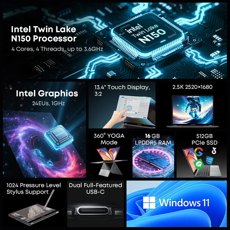 CHUWI FreeBook 2-in-1 Laptop 13.5" Touch Intel N150 512GB SSD