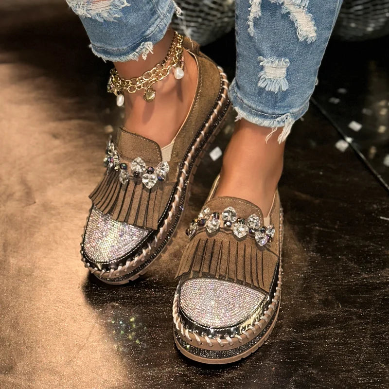 Women's Rhinestone Cow Suede Loafers – Flat Slip-On Shoes